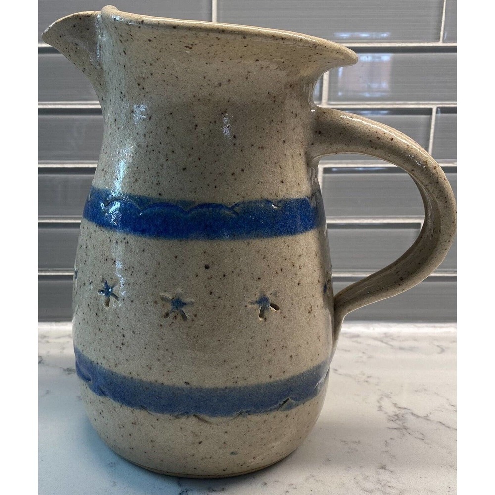 Studio Pottery Pitcher, Artisan Signed 8" Tan Stoneware Speckled Glaze *FLAW
